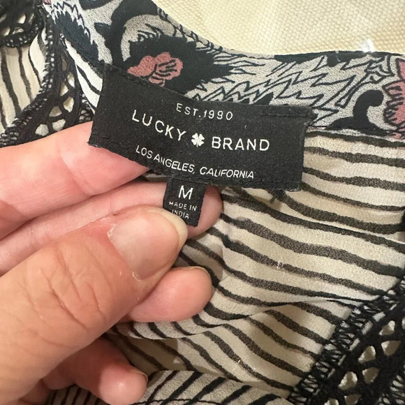 LUCKY BRAND Sheer V Neck Stripe & Floral Blouse Top Trumpet Sleeve - size Medium - Picture 9 of 10